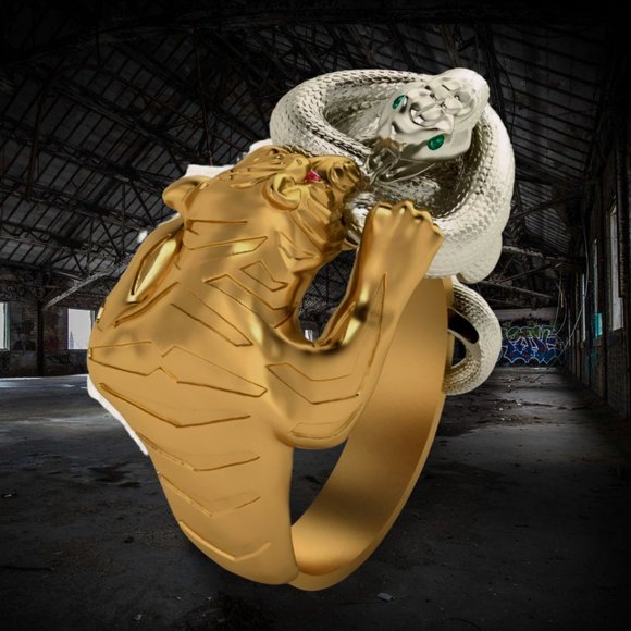 3D Retro Gold Tiger Silver Snake Fighting Animal Bohemia Ring - Picture 5 of 10